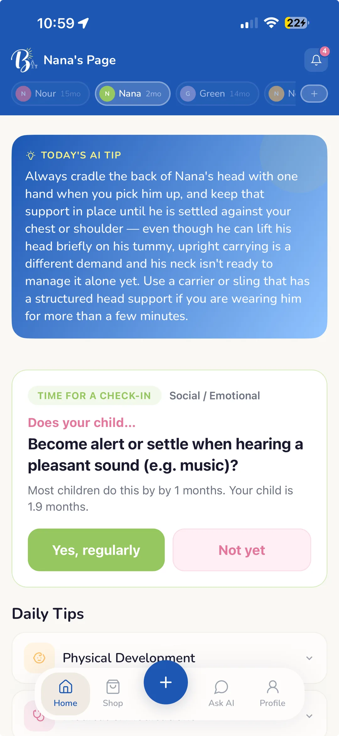 The Brightr home screen showing today’s tip and the child’s day at a glance