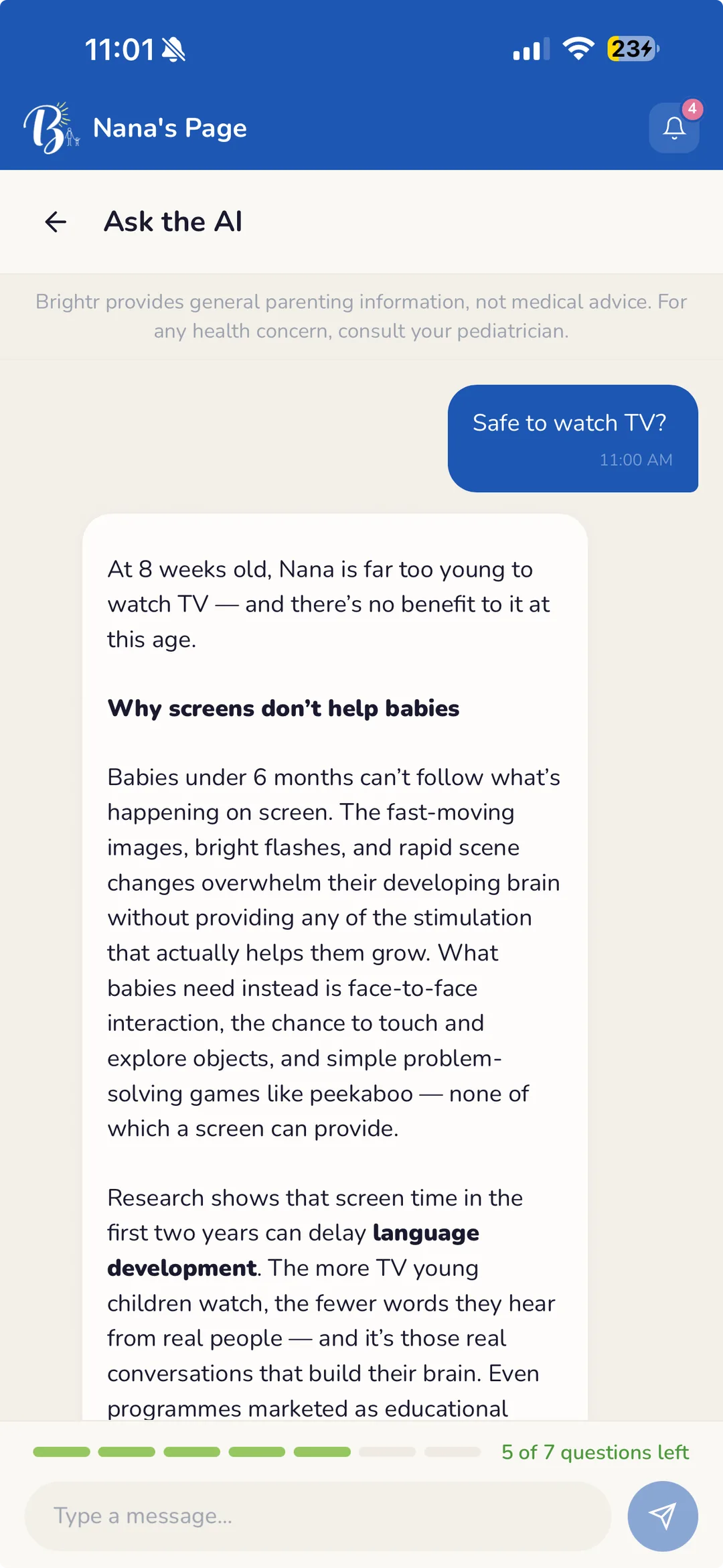 A conversation in Brightr’s AI companion about a newborn’s sleep