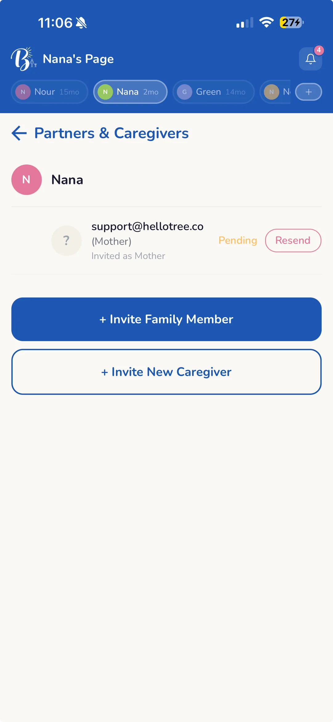 Brightr’s caregivers screen listing a partner and a pending invitation