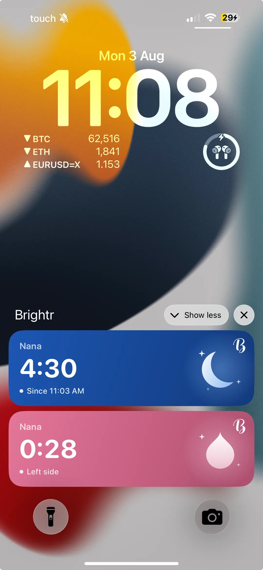 An iPhone lock screen showing two running Brightr timers — a sleep timer and a feed timer — as Live Activities